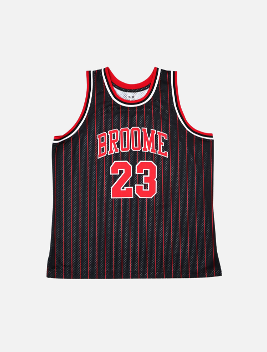 Menβs basketball jersey in black and red with Broome and number 23 on the back