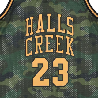 Menβs army fatigue and yellow basketball jersey featuring Halls Creek and number 23