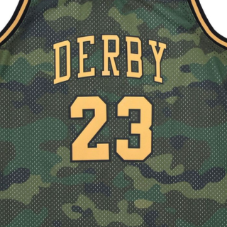 Menβs army fatigue and yellow basketball jersey featuring Derby and number 23