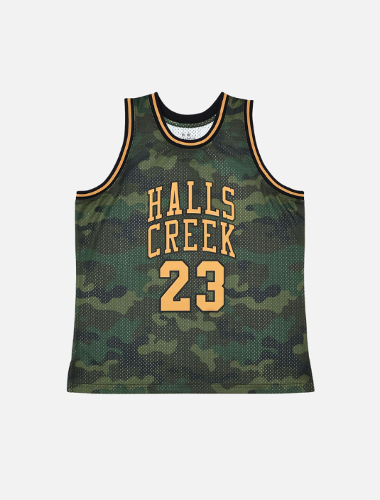 Menβs army fatigue and yellow basketball jersey featuring Halls Creek and number 23