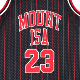 Menβs black and red basketball jersey featuring Mount Isa and number 23