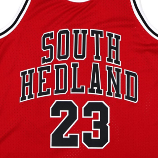 Menβs red and black basketball jersey featuring South Hedland and number 23