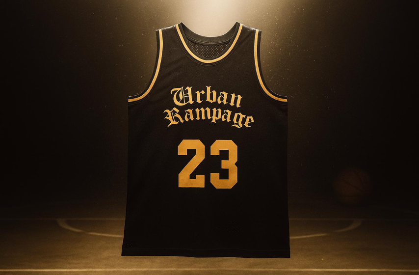 Menβs black and yellow basketball jersey featuring Urban Rampage and number 23