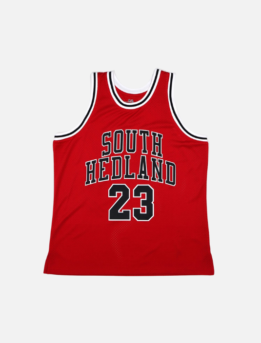 Menβs red and black basketball jersey featuring South Hedland and number 23