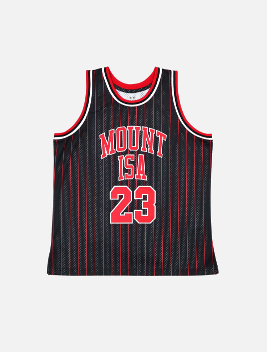 Menβs red, black, and white basketball jersey featuring Mount Isa and number 23