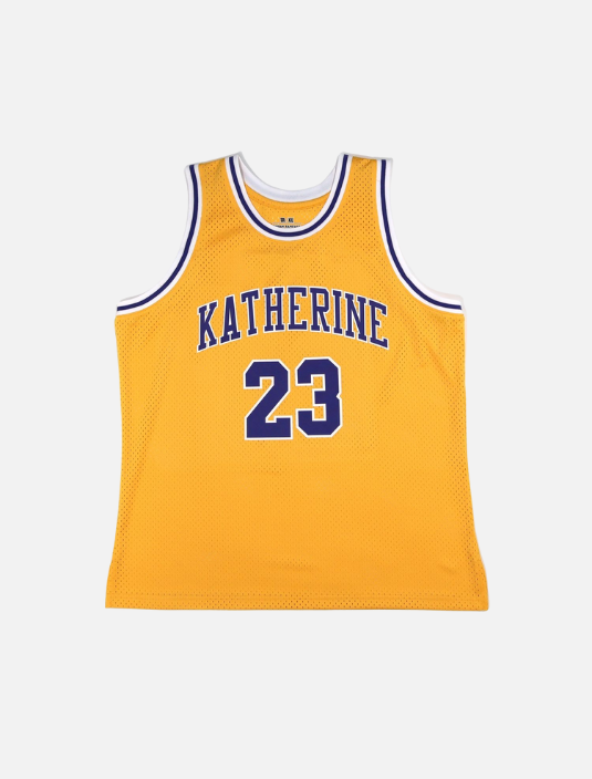 Menβs basketball jersey in white, yellow, and blue with Katherine and number 23