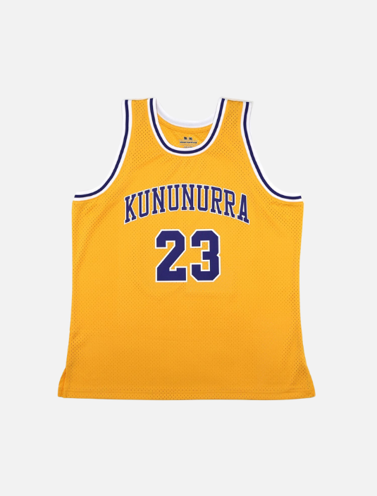 Menβs basketball jersey in white, yellow, and blue with kununurra and number 23