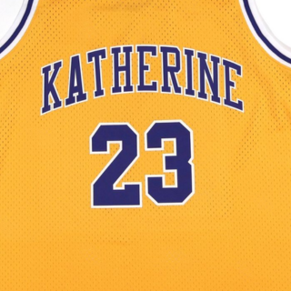 Menβs yellow and blue basketball jersey featuring Katherine and number 23