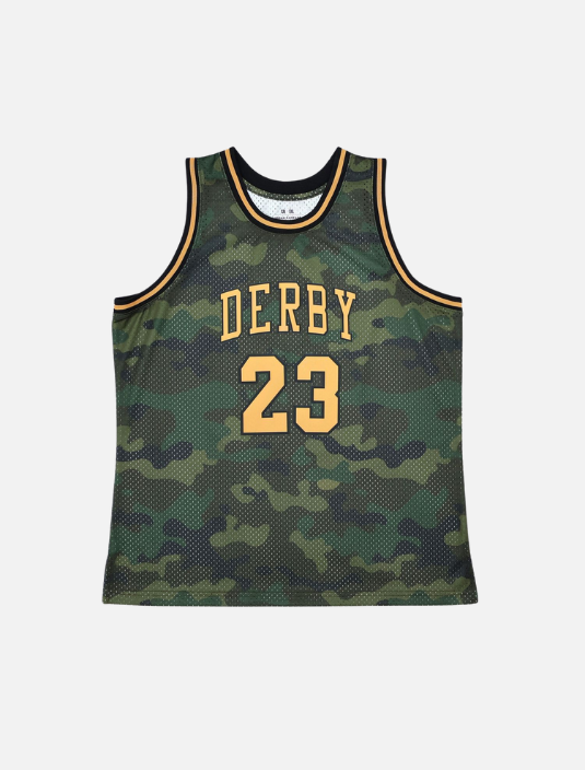 Menβs basketball jersey with army fatigue pattern and yellow accents Derby and number 23 on back