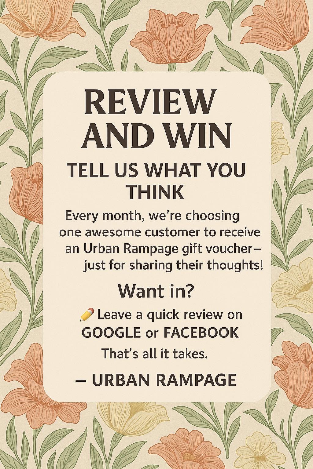 Leave a Review & Win a $50 In-Store Voucher! 🎉 – Urban Rampage