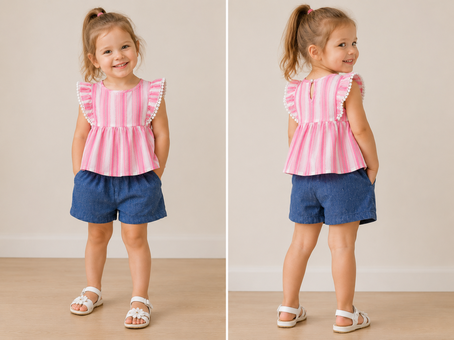 Girls' Striped Top & Denim Shorts Set | Pink | 2T–4T
