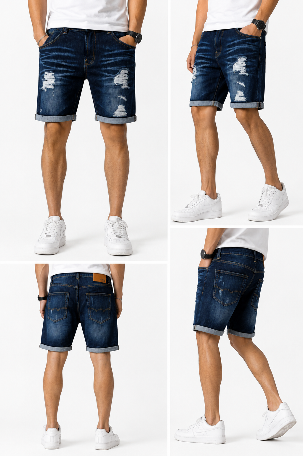 Men's Distressed Dark Wash Denim Shorts | Rolled Hem