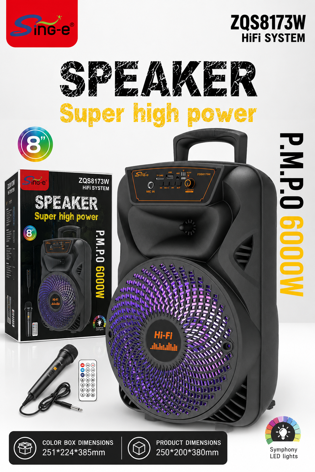 Sing-e ZQS8173W 8" Portable Hi-Fi Speaker with Microphone & Remote