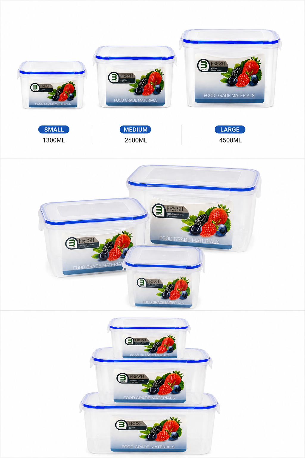 3-Piece Rectangle Food Storage Container Set – 1300ml, 2600ml & 4500ml