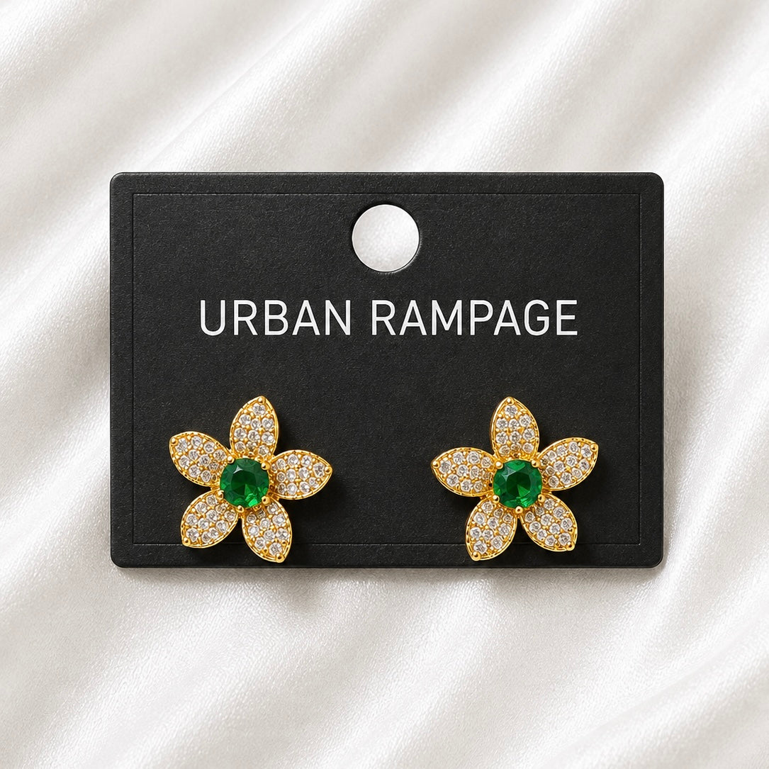 Gold-Tone Green Crystal Flower Stud Earrings