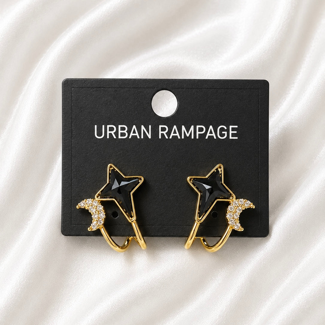 Gold-Tone Black Star & Crystal Moon Hoop Earrings