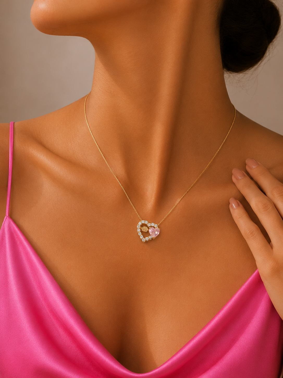 Gold-Tone Pink Heart Crystal Fashion Necklace
