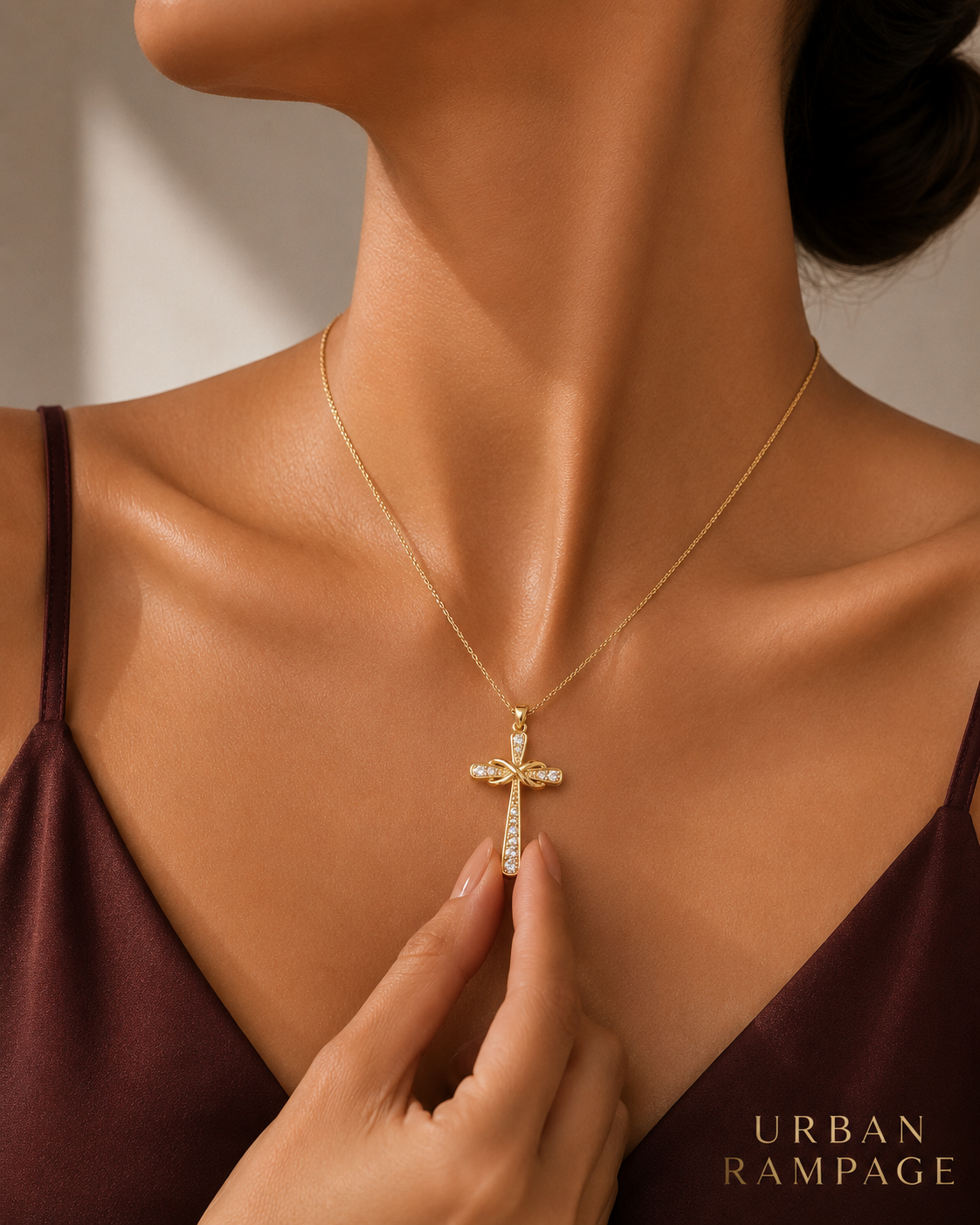 Gold-Tone Crystal Ribbon Cross Fashion Necklace
