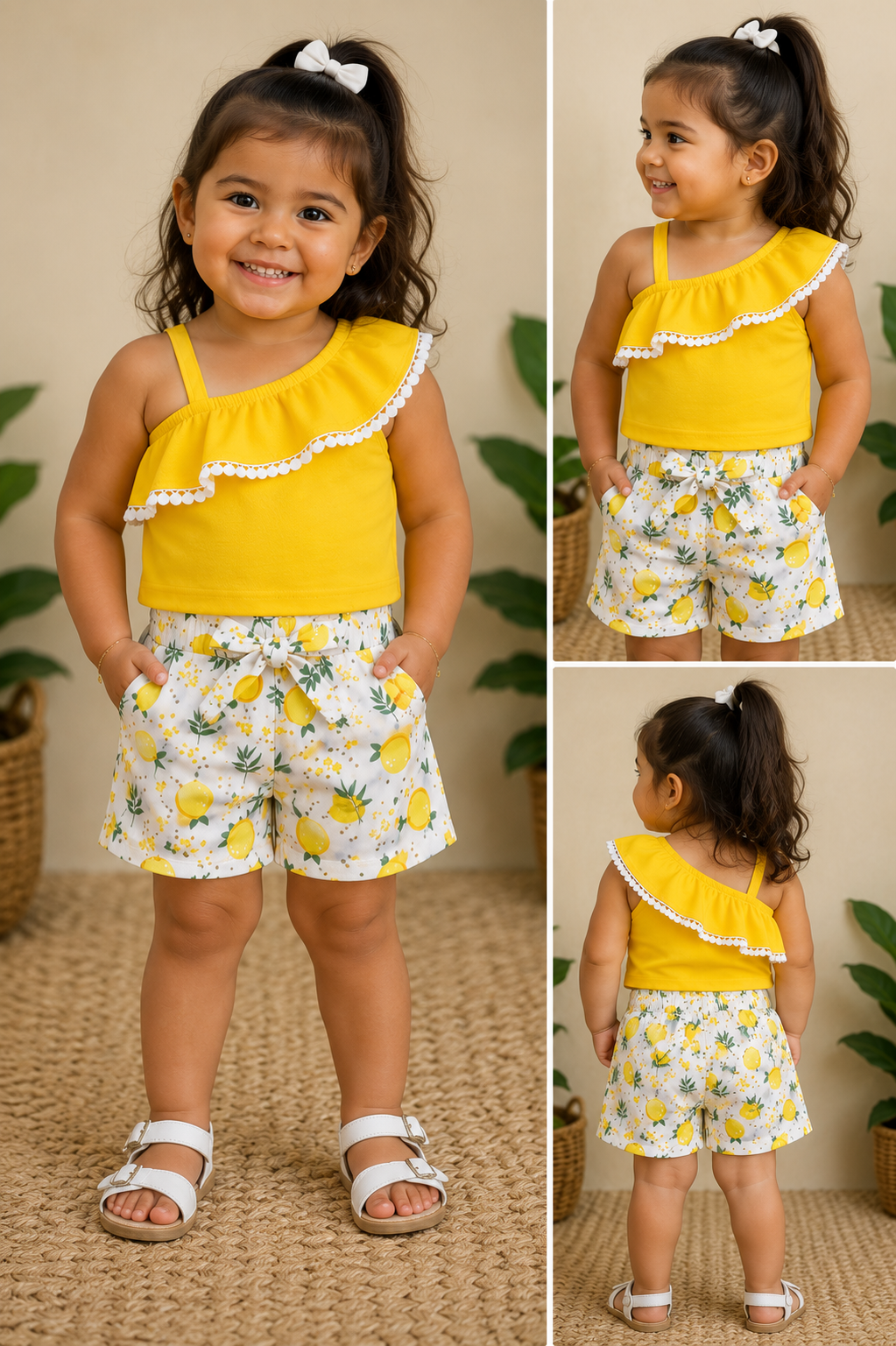 Girls' Lemon Print One-Shoulder Summer Set | Toddler Outfit | T2–T4