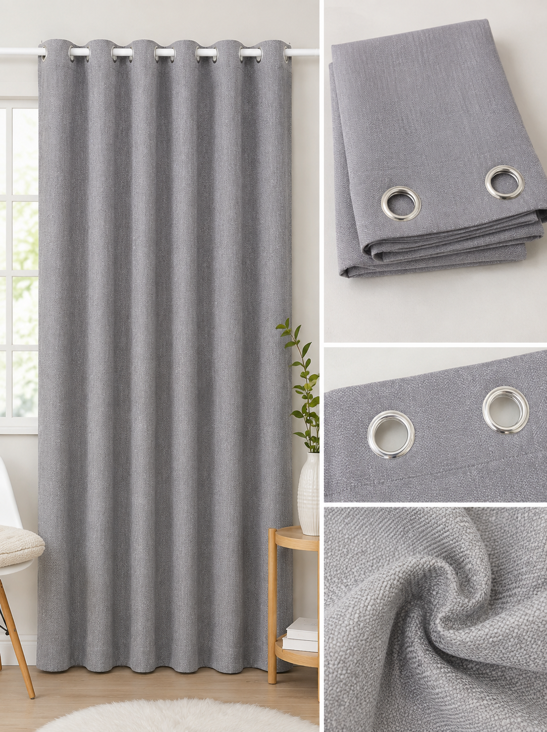 Grey Polyester Ring-Top Window Curtain – 140 × 150 cm