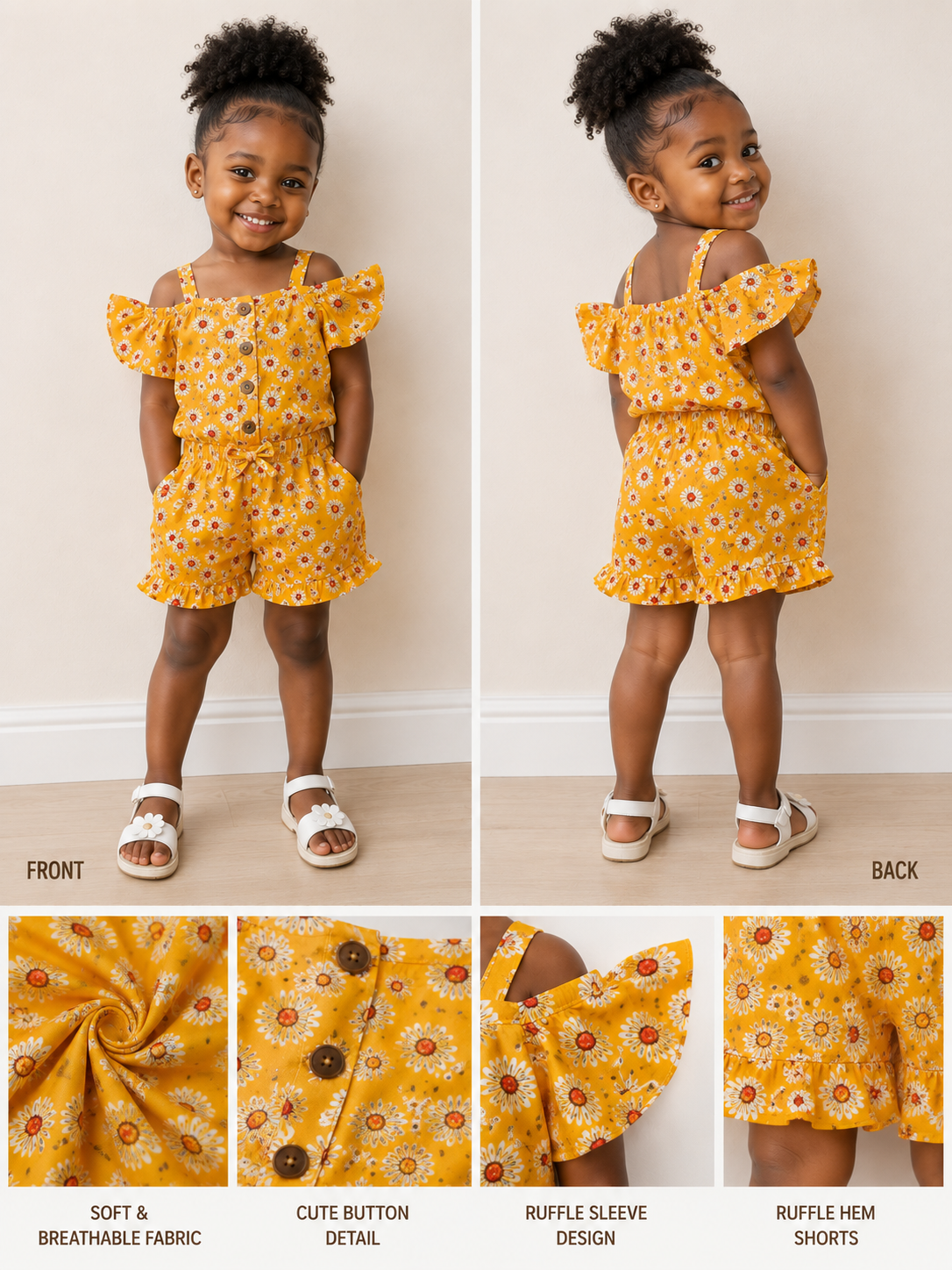 Girls' Daisy Print Two-Piece Outfit | Mustard Yellow | 2T–4T