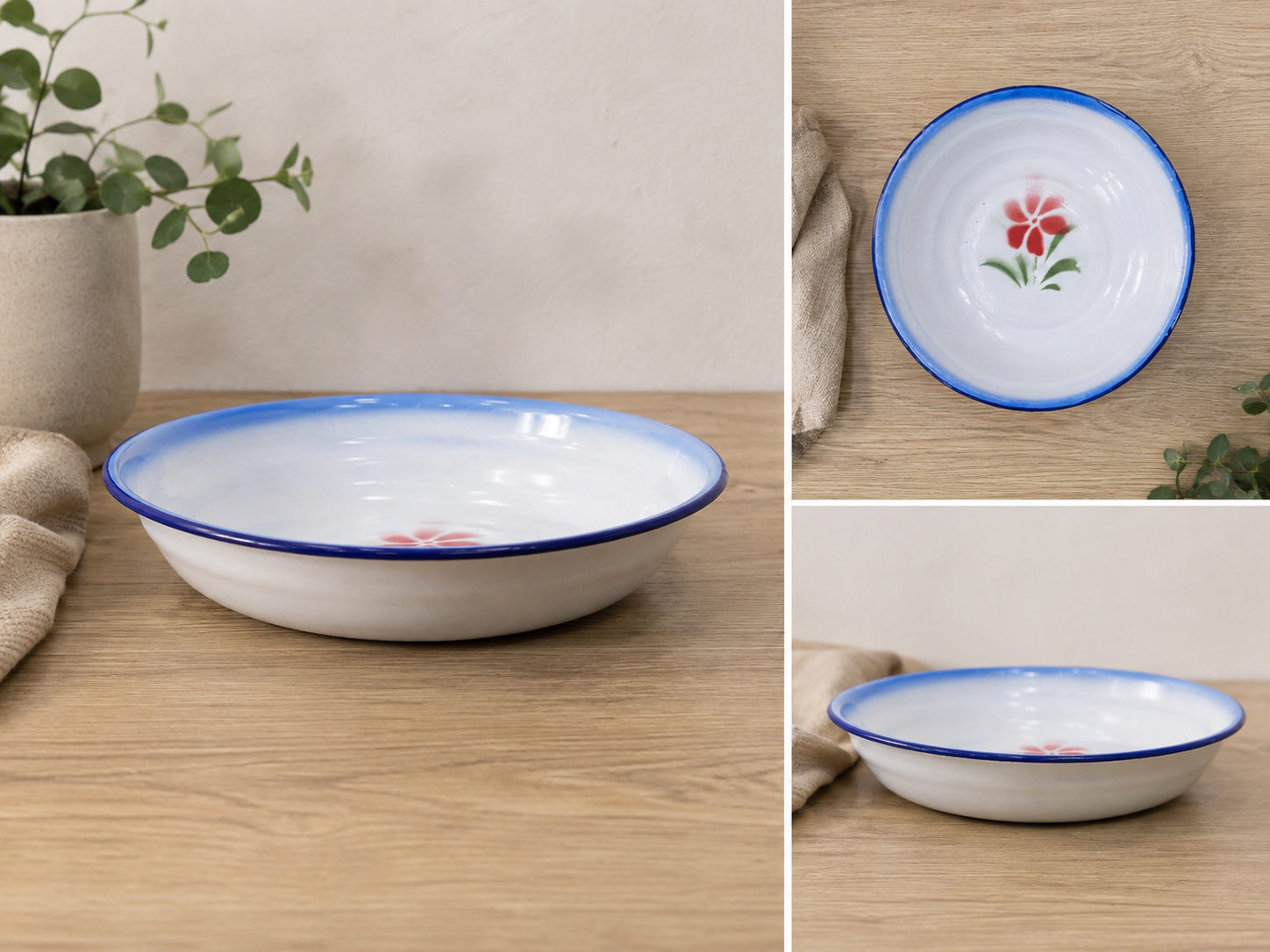 Floral Enamel Tin Bowl with Blue Rim – 20.3 cm
