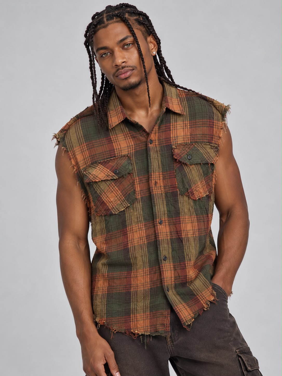 Big Men’s Sleeveless Plaid Crinkle Shirt – XL–4XL