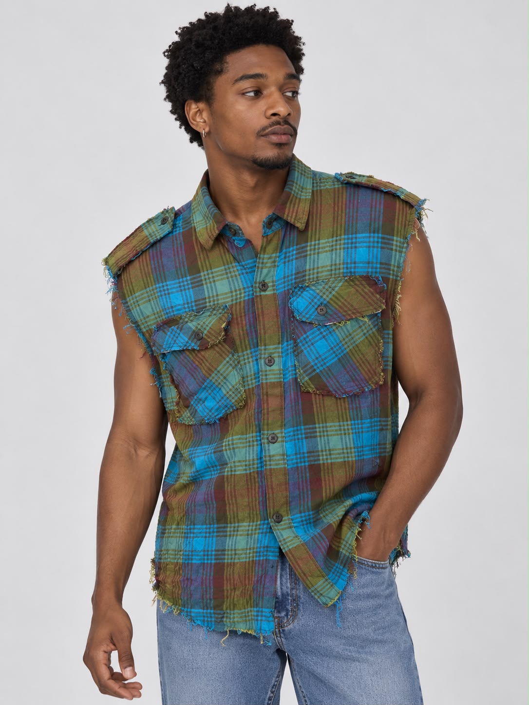 Big Men’s Sleeveless Plaid Crinkle Shirt – XL–4XL