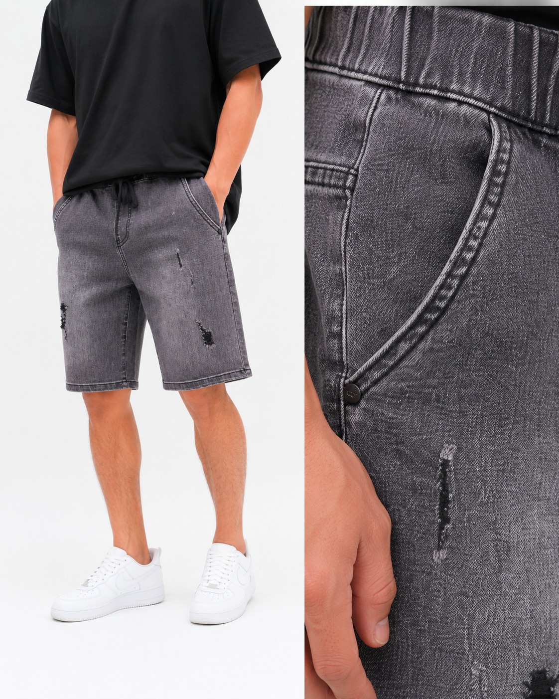 Washed Grey Denim Shorts with Drawstring