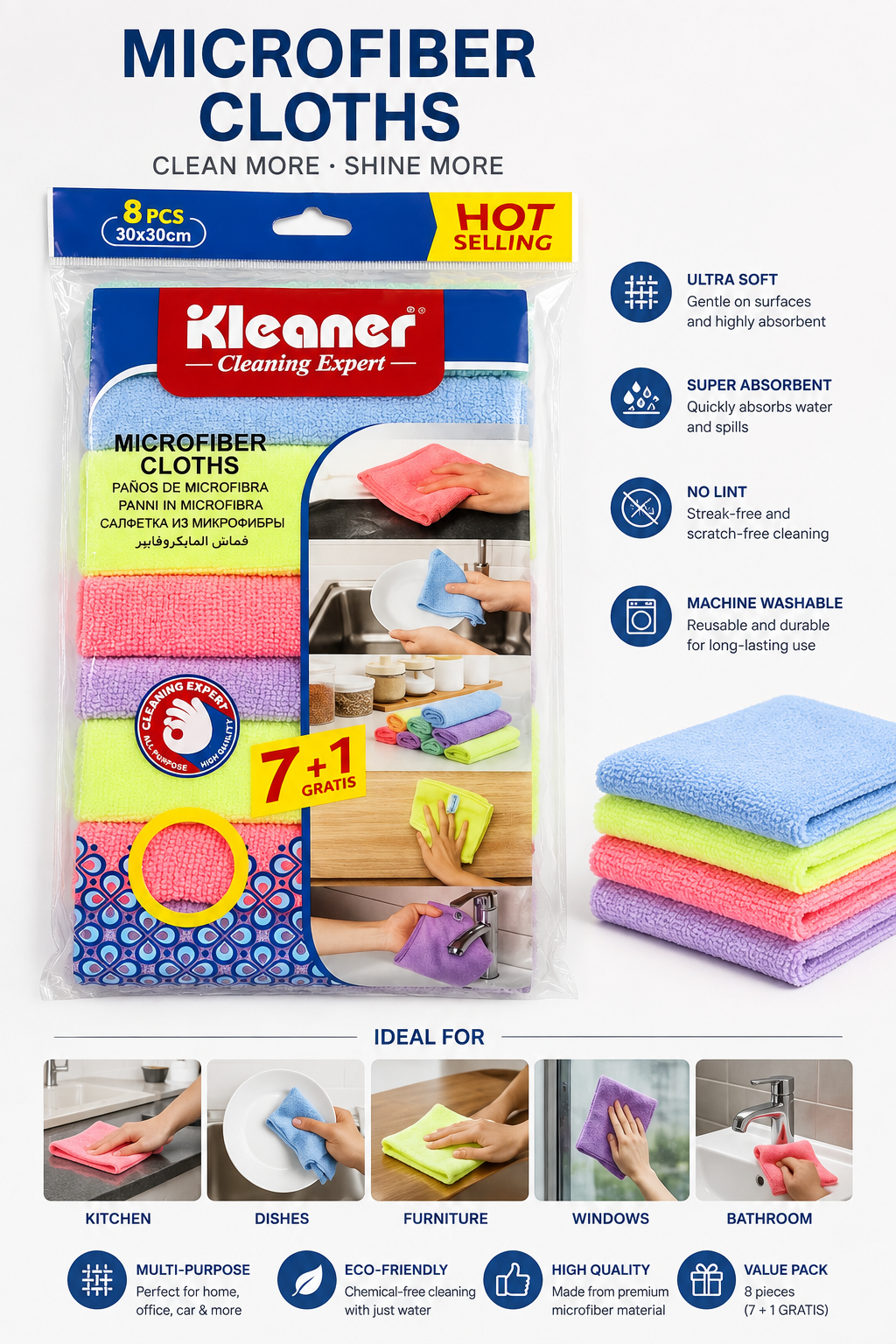 8-Piece Microfiber Cleaning Cloth Set – 30 × 30 cm