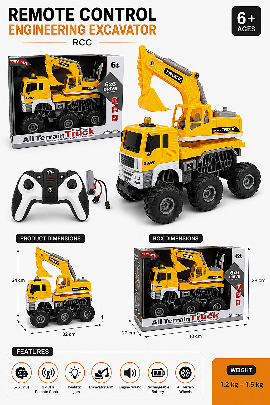 Remote Control 6x6 Engineering Excavator Truck | 2.4GHz RC Construction Vehicle (6+)