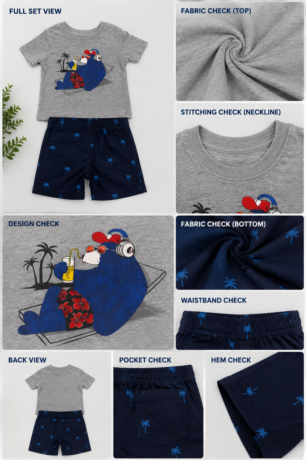 Teddy Boom Boys 2-Piece Shorts Set | Grey Bear Print | 18–24 Months