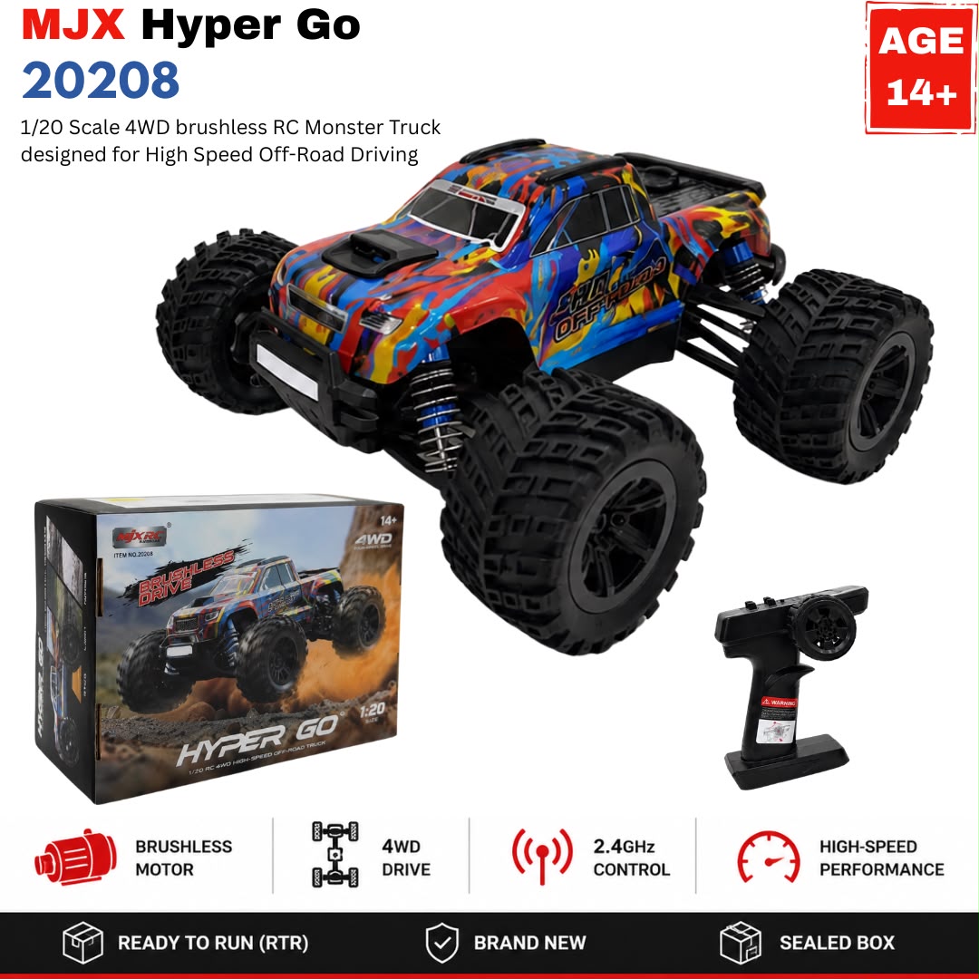 MJX Hyper Go 20208 1/20 Scale 4WD Brushless RC Monster Truck RTR – High-Speed Off-Road Car