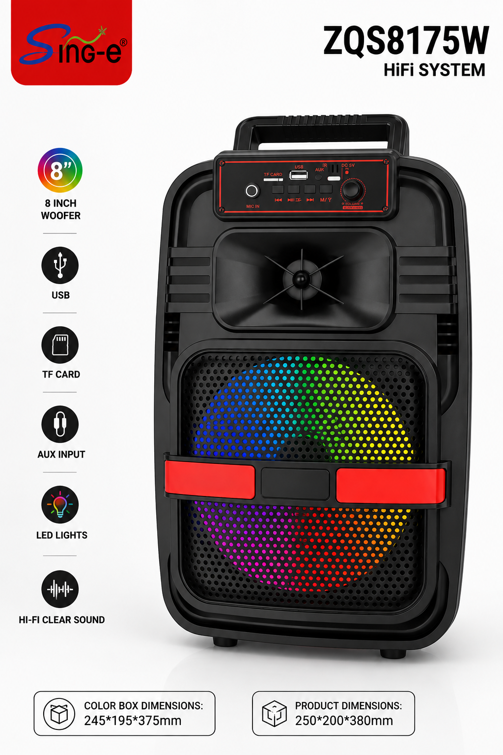 SING-e ZQS8175W 8" Hi-Fi Portable Speaker with LED Lights