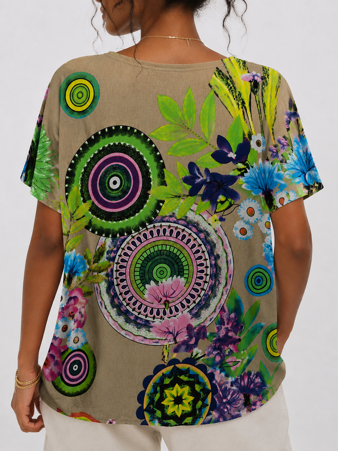 Ladies Abstract Print Diamante Blouse – Khaki