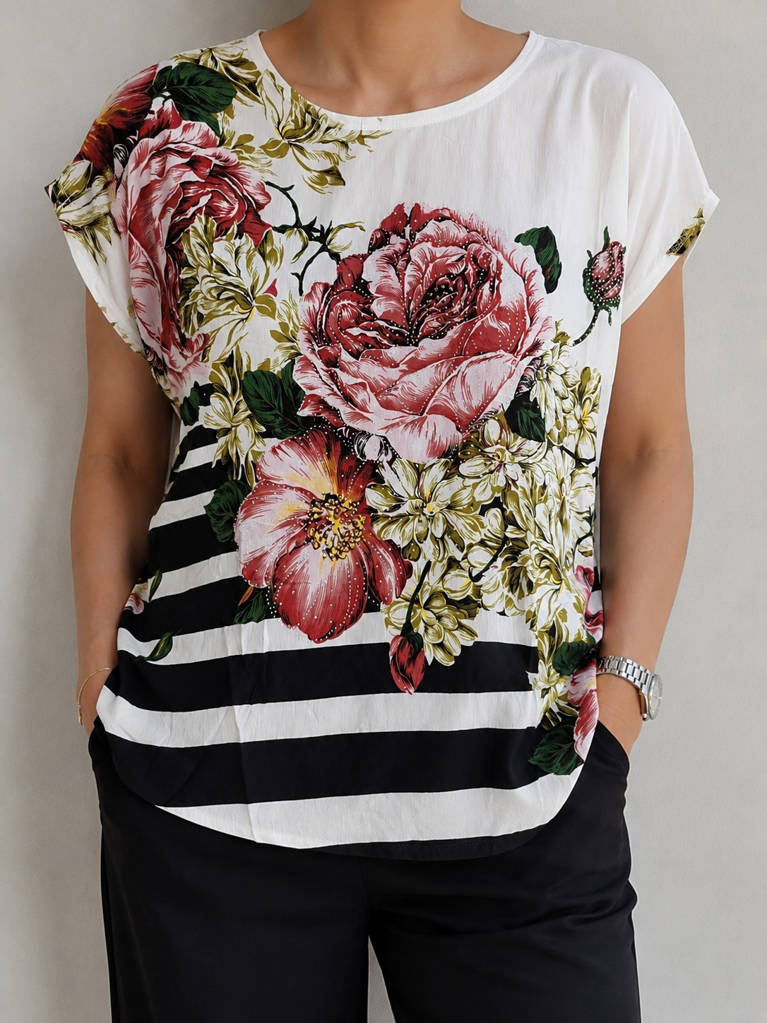 Ladies Floral Diamante Blouse – White