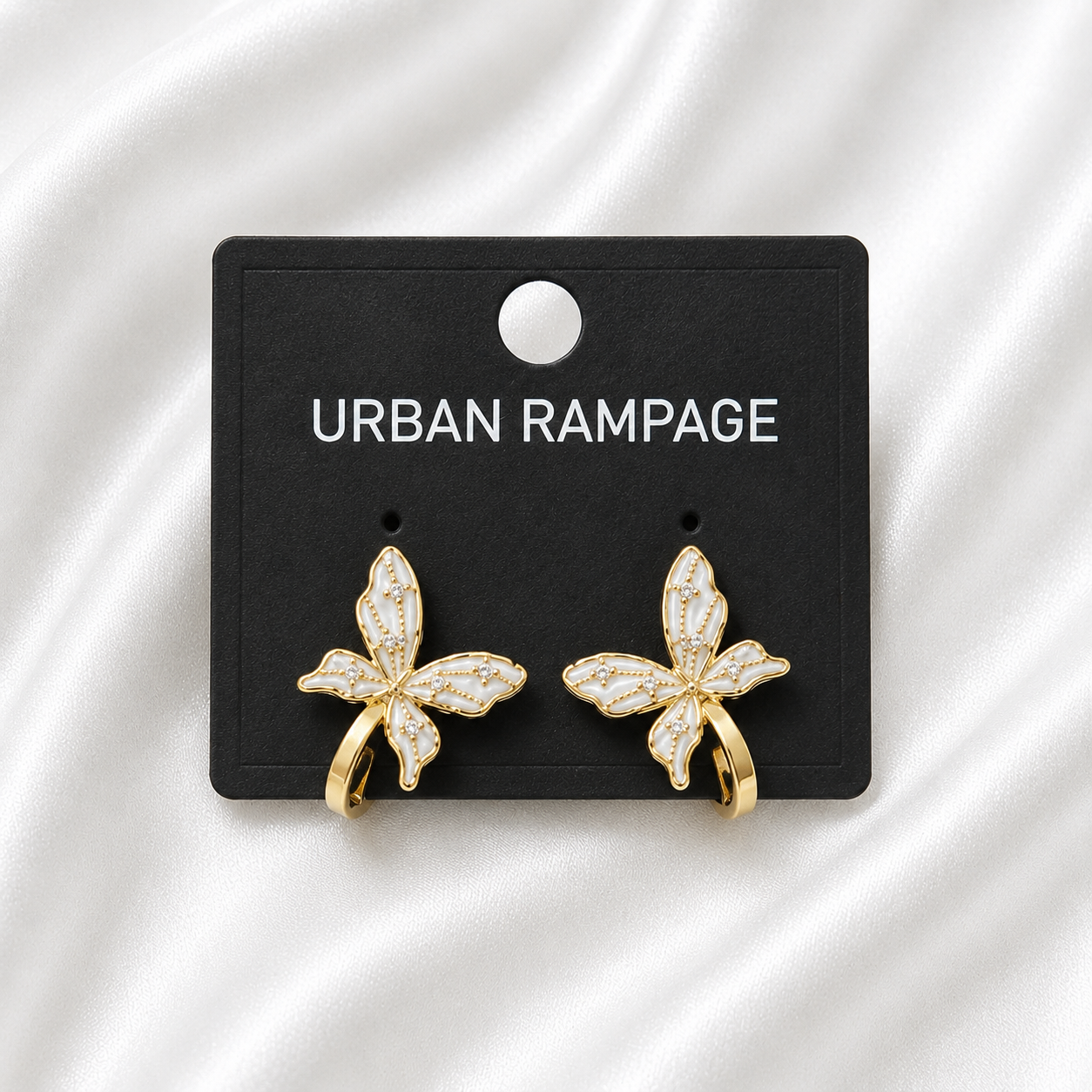 Gold-Tone White Butterfly Hoop Earrings