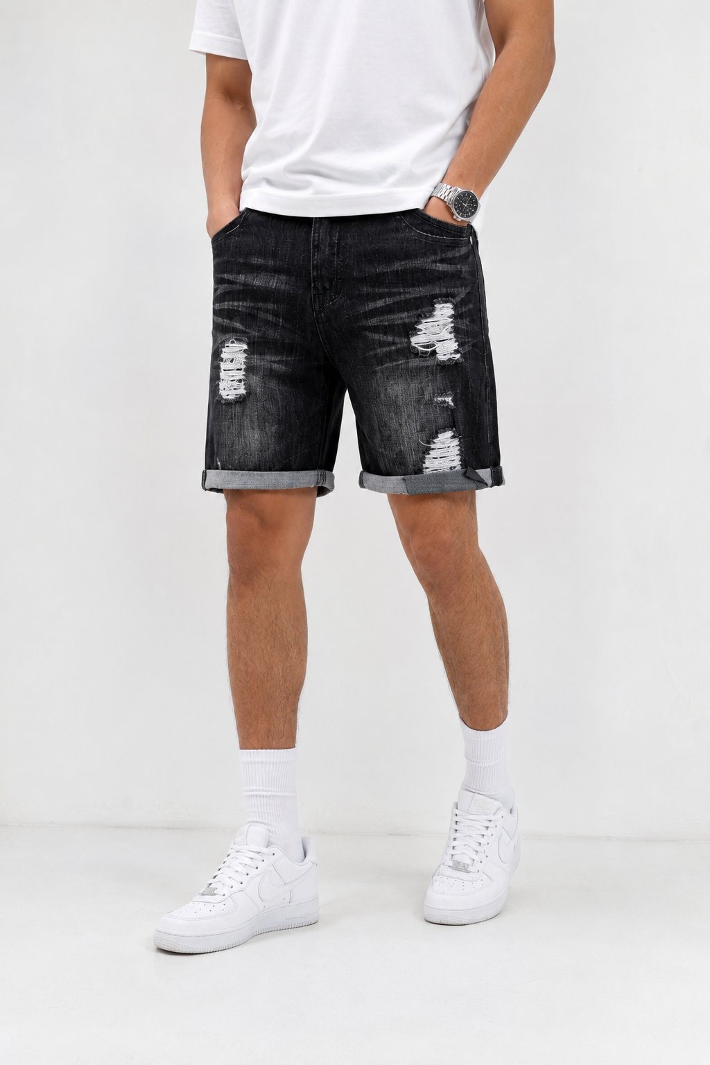 Men's Black Distressed Denim Shorts | Rolled Hem