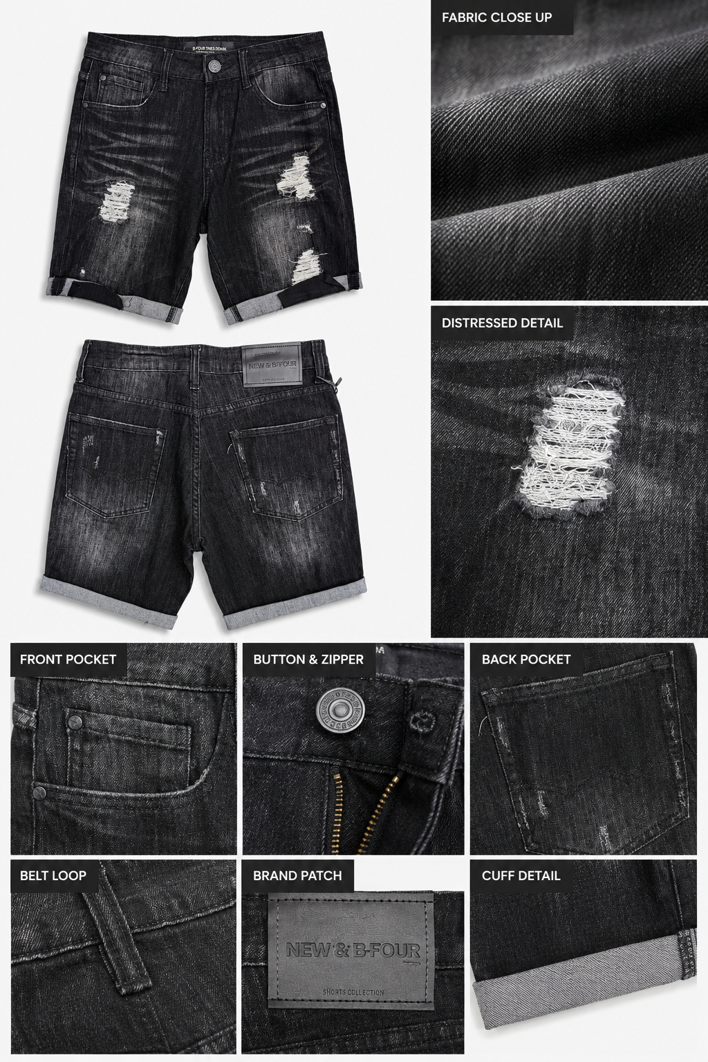 Men's Black Distressed Denim Shorts | Rolled Hem