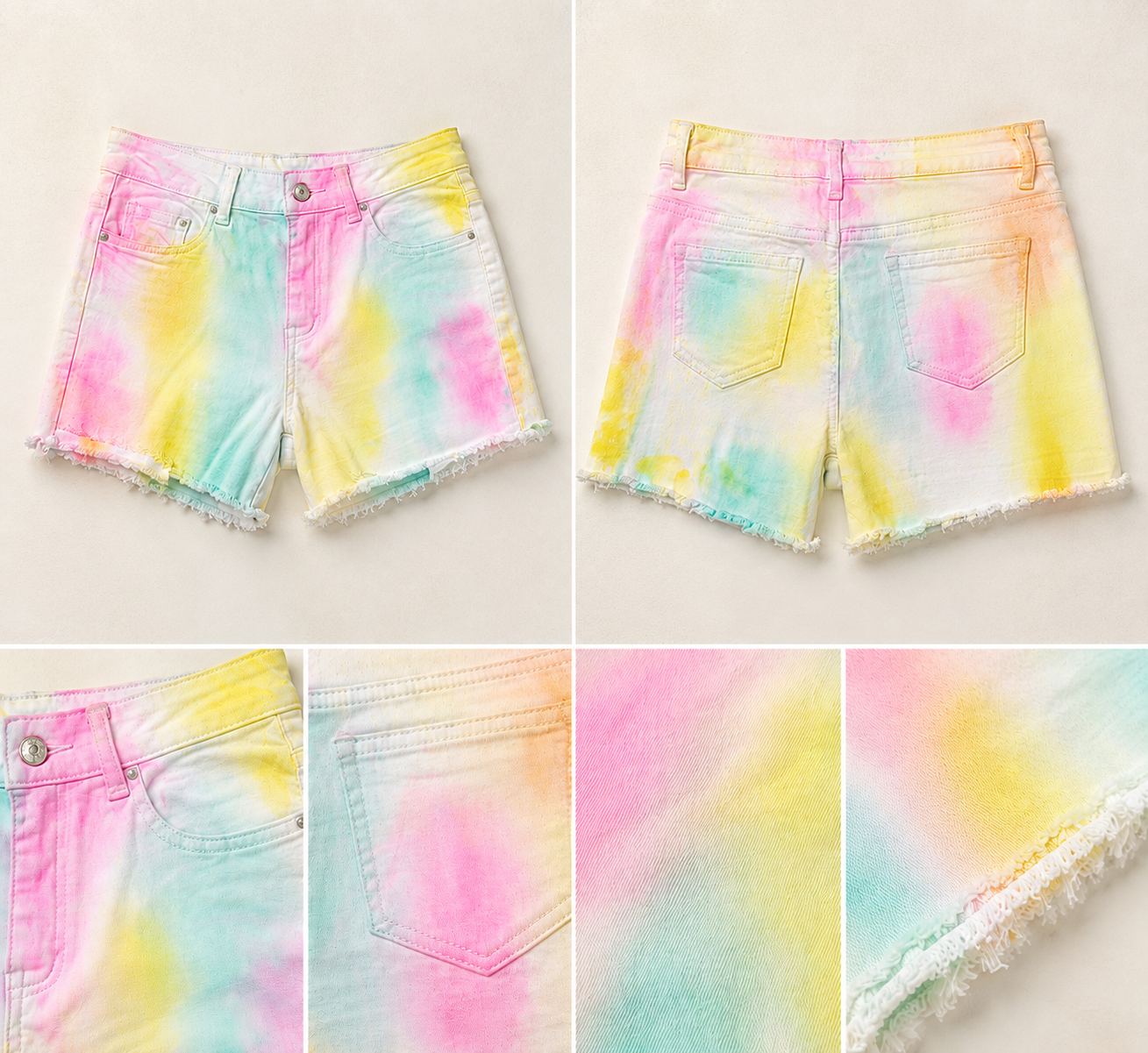 High-Waist Multicolor Tie-Dye Denim Shorts