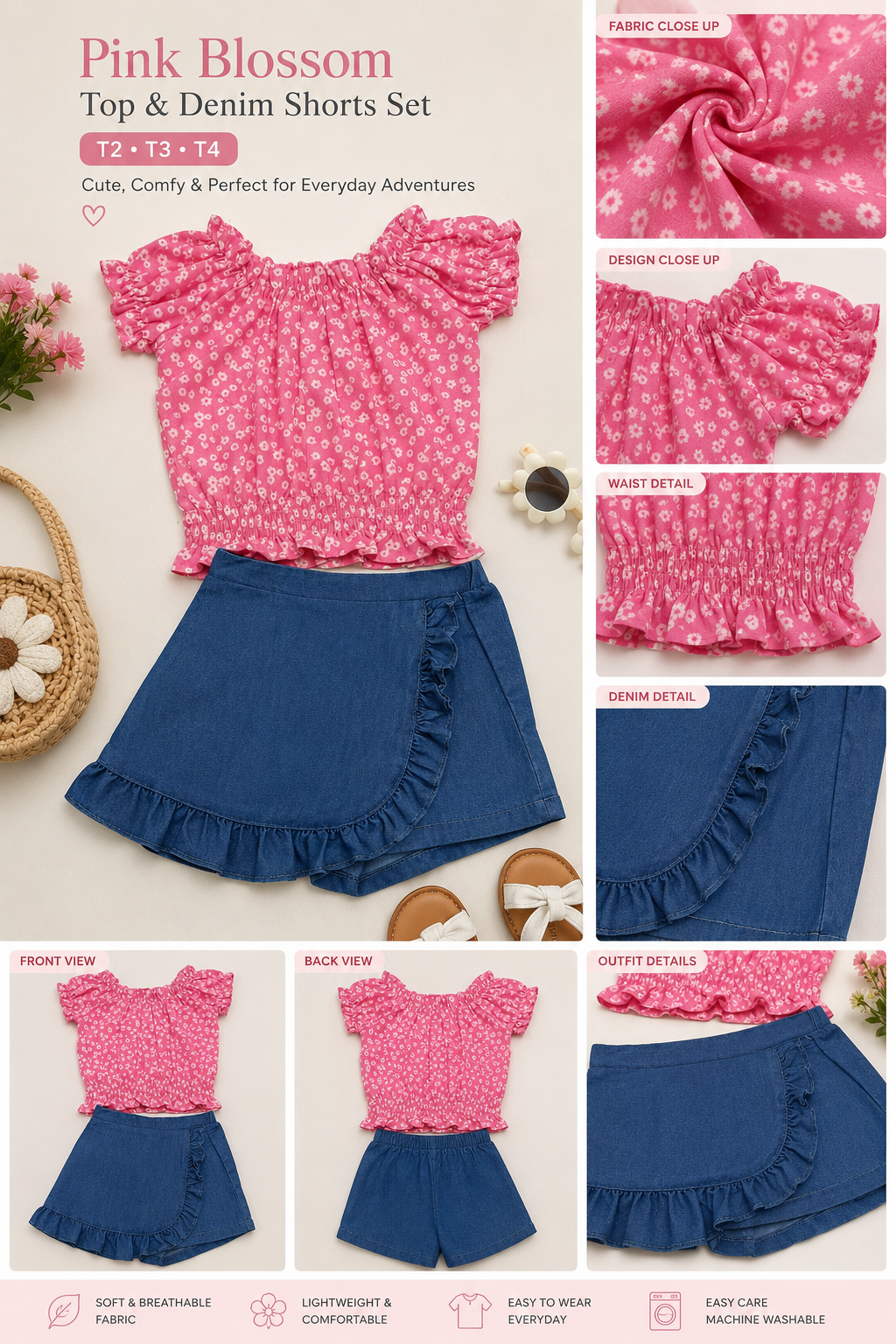Girls' Floral & Orange Top & Denim Skort Set | Toddler Outfit | T2–T4
