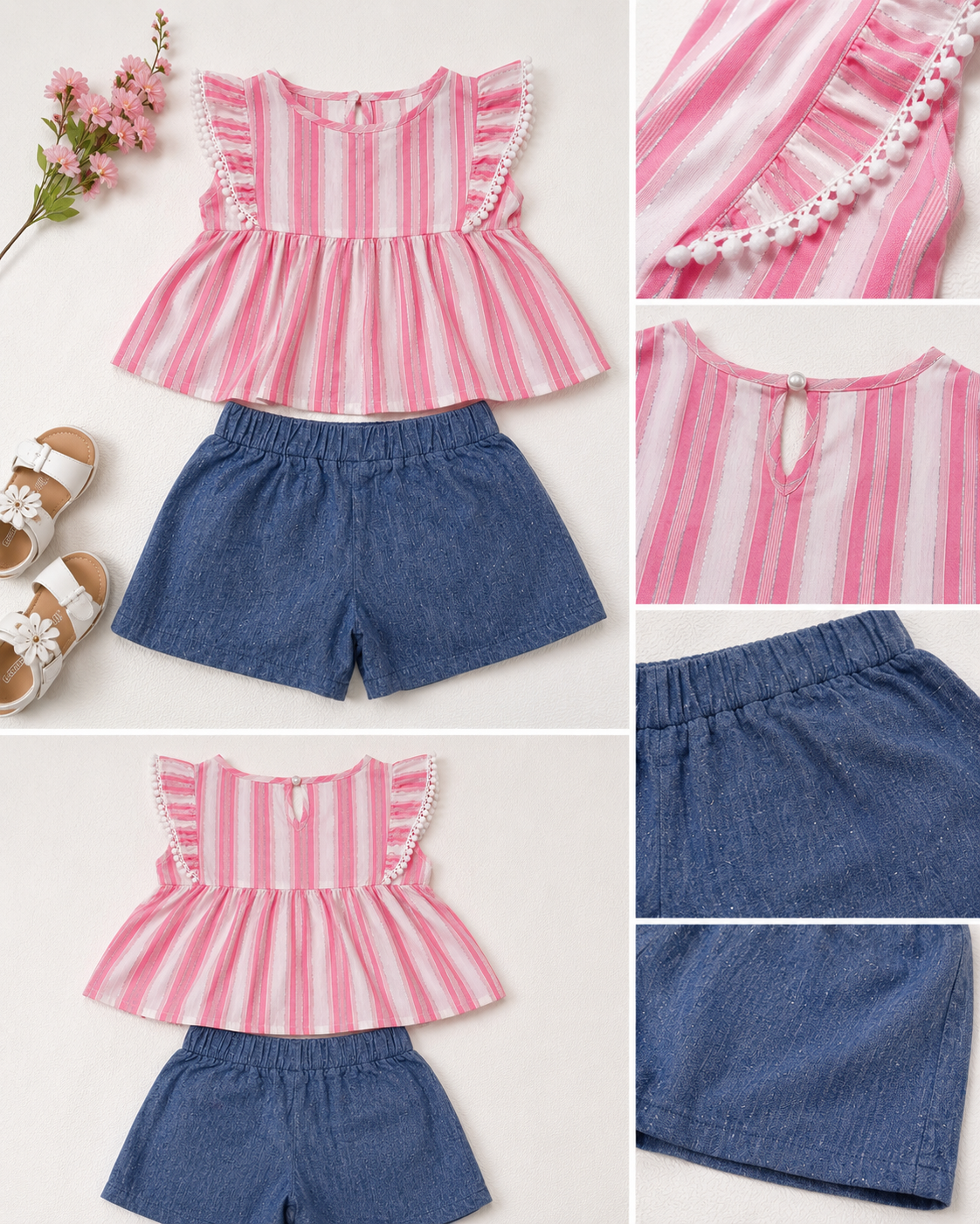 Girls' Striped Top & Denim Shorts Set | Pink | 2T–4T