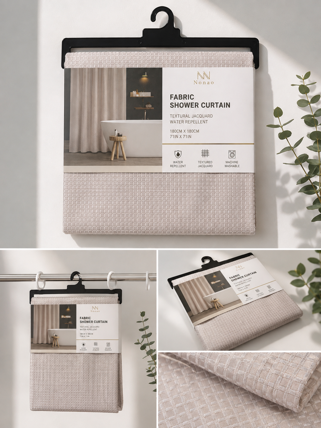 Water-Repellent Fabric Shower Curtain with 12 Hooks – 180 × 180 cm