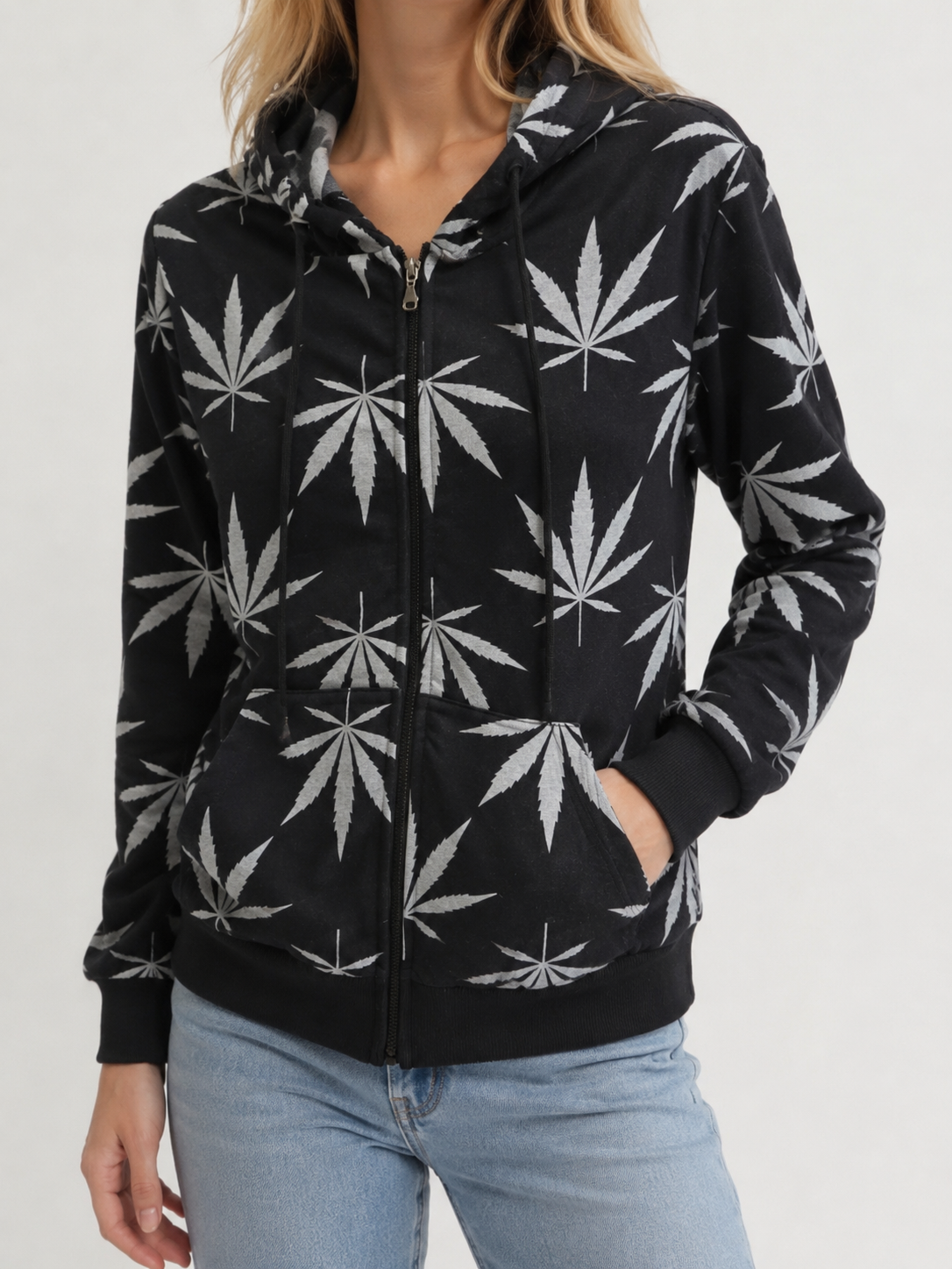 Ladies Leaf Print Zip-Up Hoodie – Black