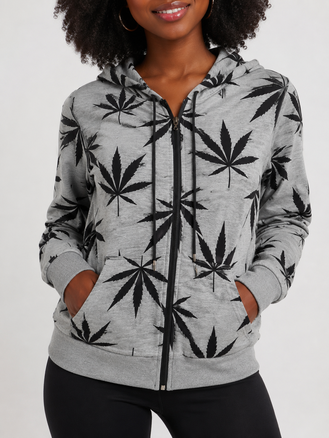 Ladies Leaf Print Zip-Up Hoodie – Grey