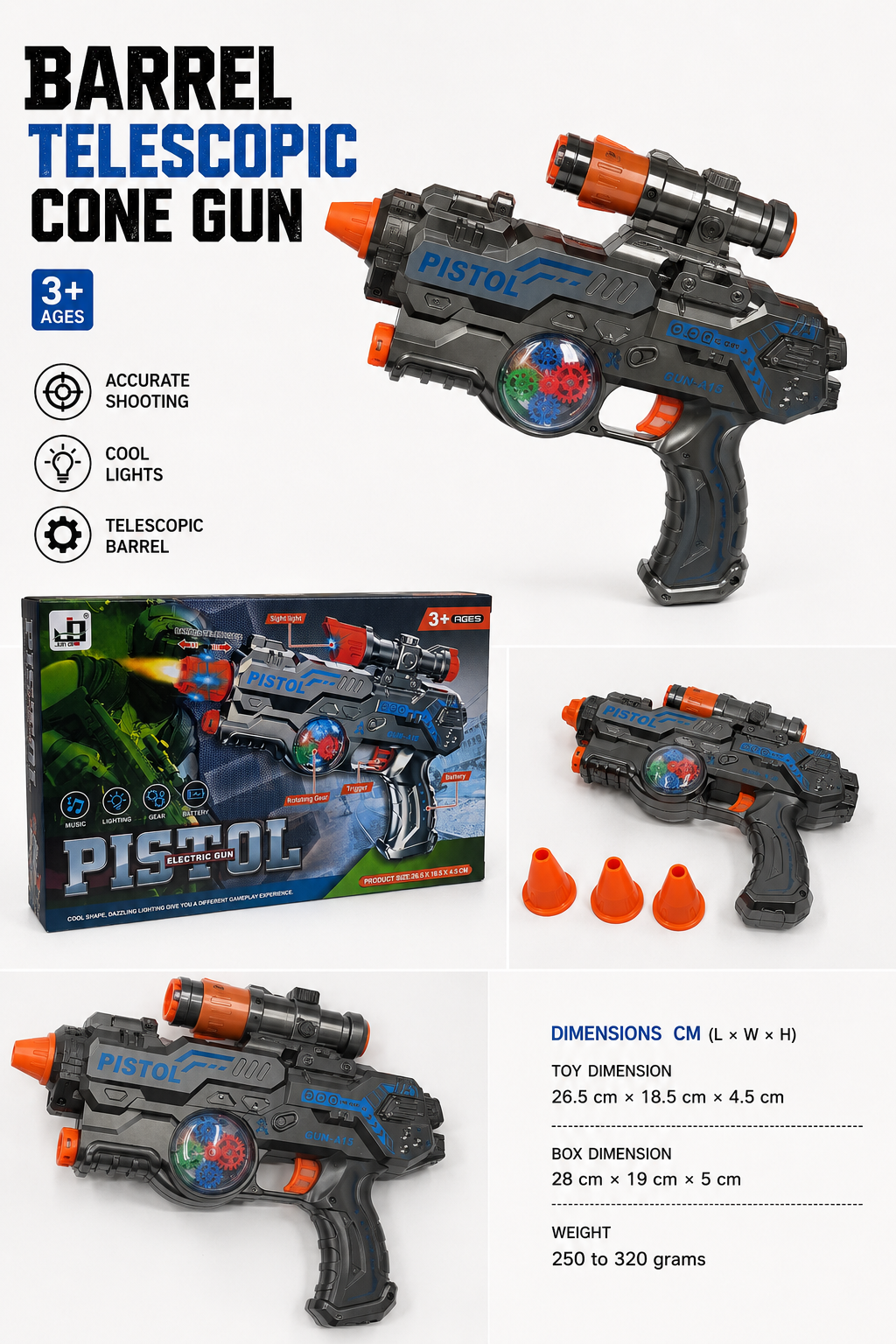 Kids Telescopic Cone Toy Blaster | Light-Up Toy Gun | Ages 3+