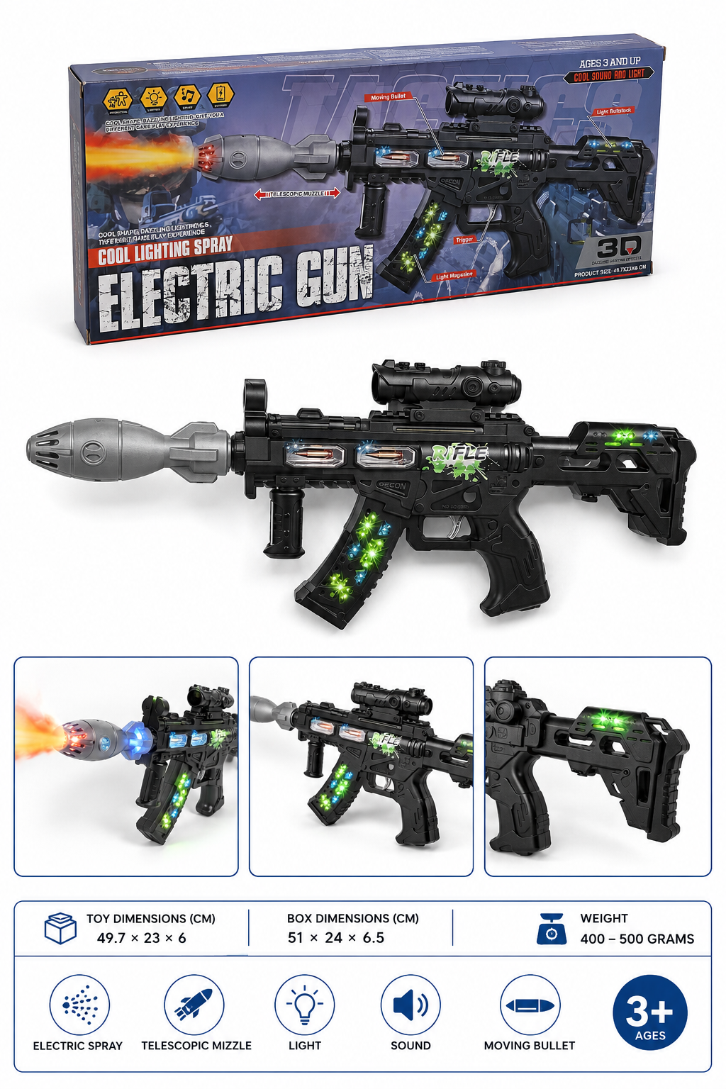 Kids Electric Spray Toy Rifle | Light & Sound Effects | Ages 3+