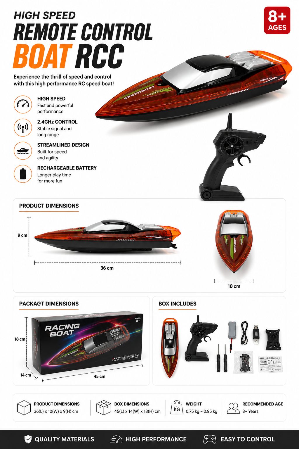 High-Speed 2.4GHz Remote Control Racing Boat | RC Speedboat (8+)