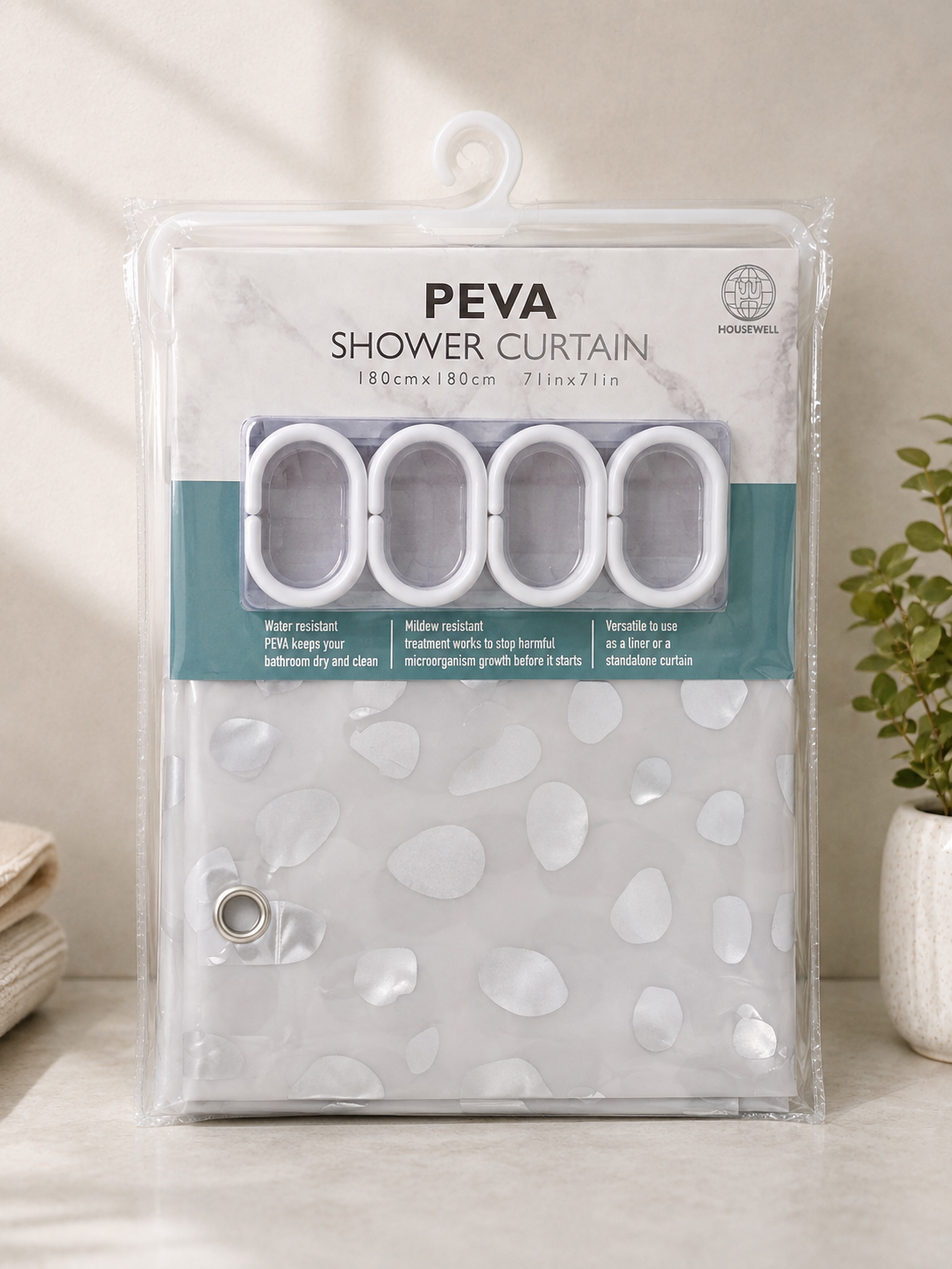 PEVA Shower Curtain with 12 Hooks – 180 × 180 cm