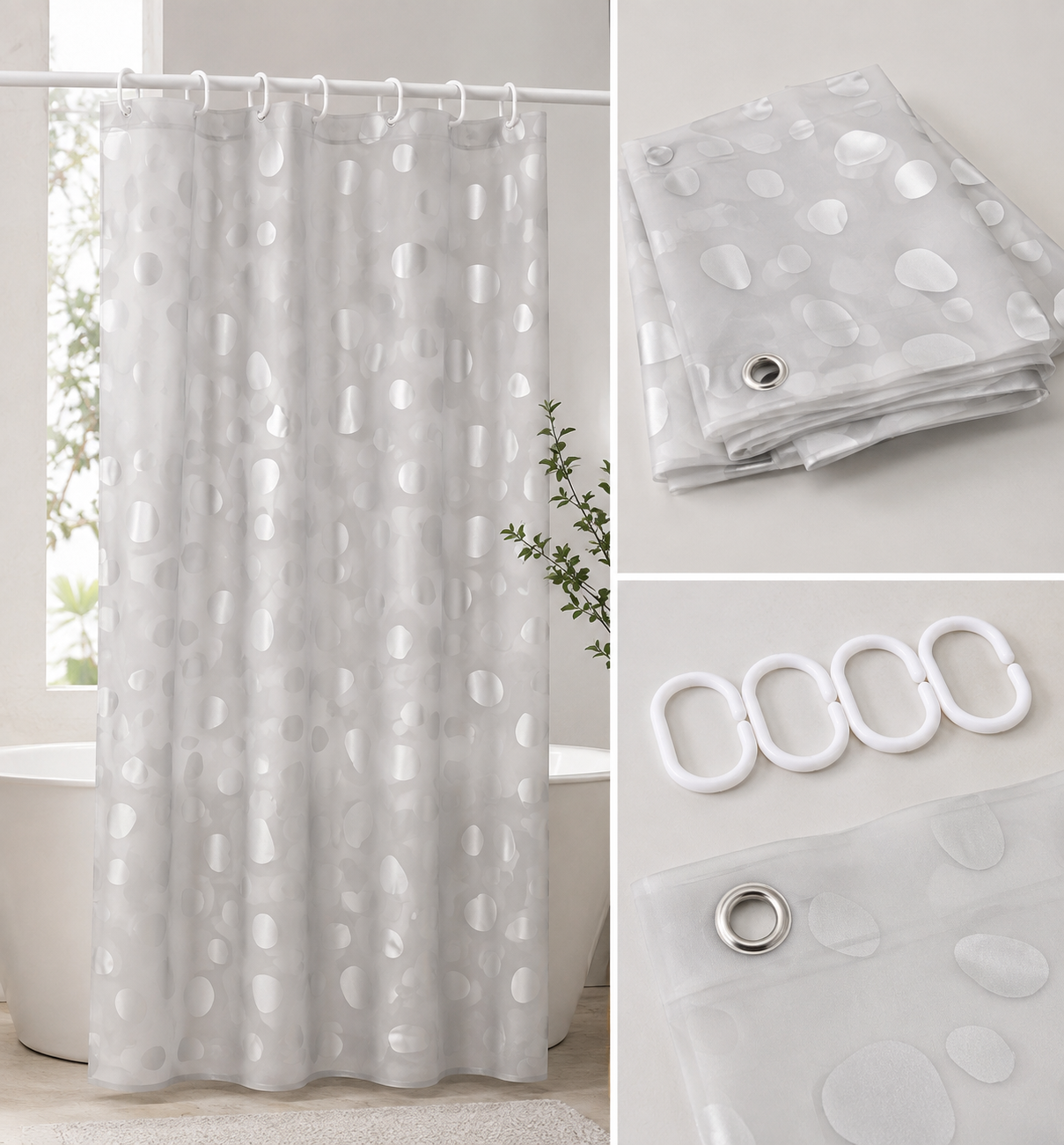 PEVA Shower Curtain with 12 Hooks – 180 × 180 cm